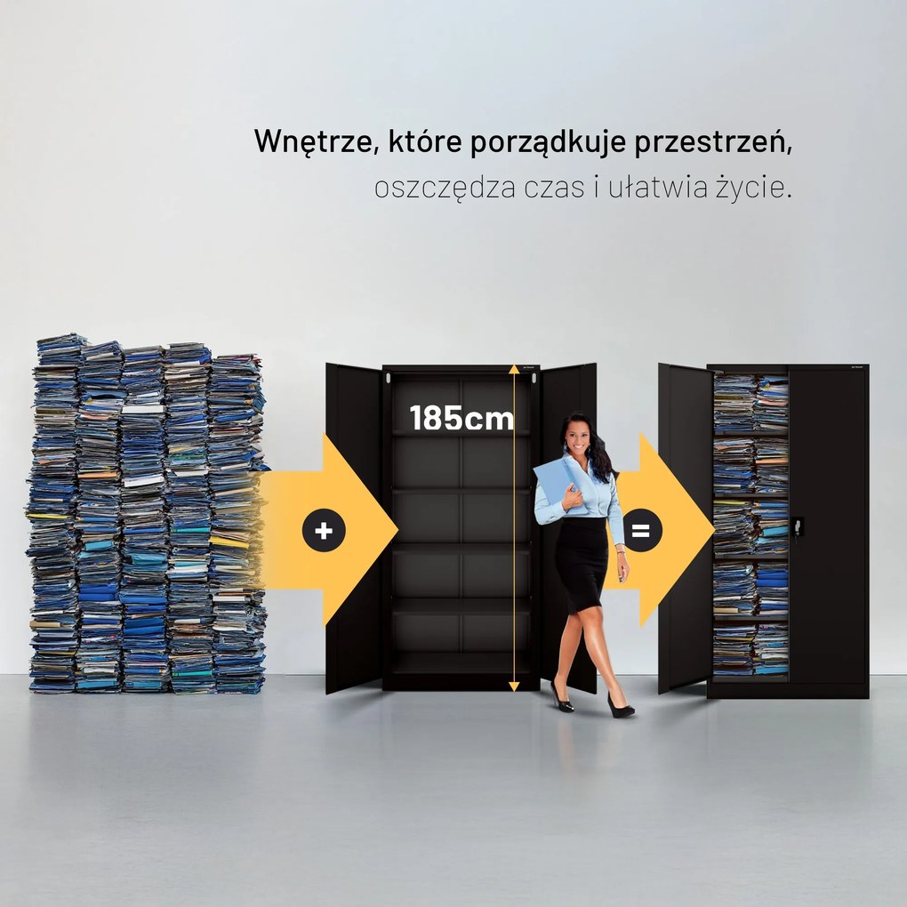 Biurowa szafa metalowa na akta JAN, 900 x 1850 x 400 mm, czarna