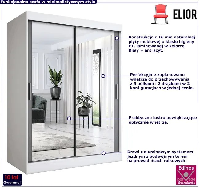 Szafa przesuwna z lustrem 150 cm biel + antracyt - Kukkin 4X