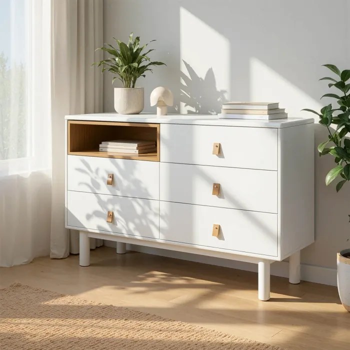 Komoda do Salonu NAOMI 120 cm Biała z Szufladami i Półką Skandynawska