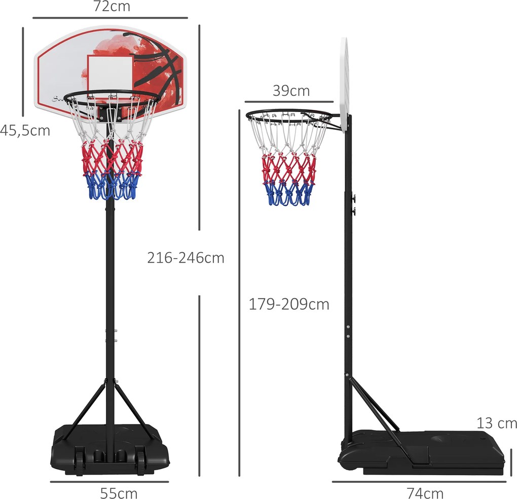SPORTNOW Kosz do koszykówki na kółkach, wolnostojący, z siatką, duża podstawa, 179-209 cm, Tworzywo sztuczne, Stal