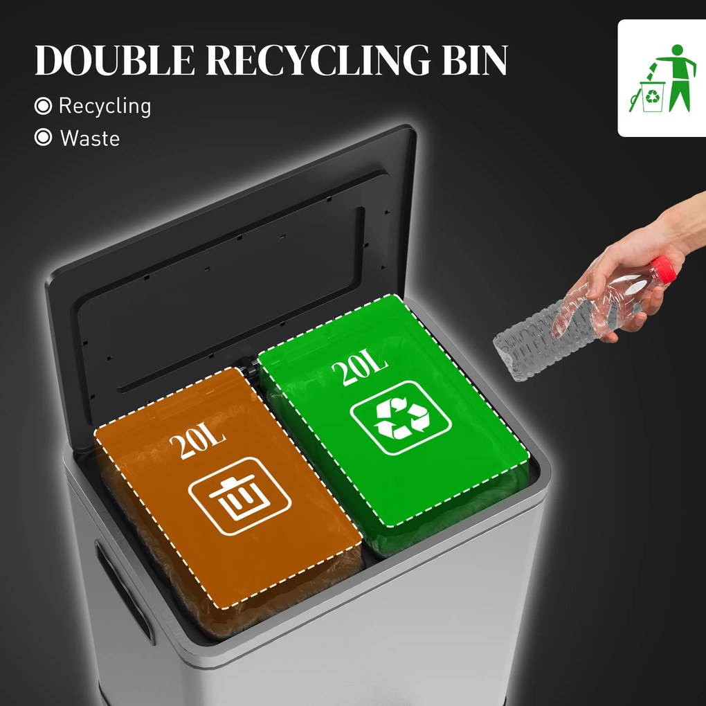 HOMCOM Kosz na śmieci z pokrywą i pedałem, Stal nierdzewna, Komory 2x20 L, Srebrny