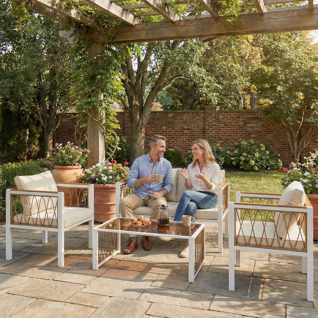 Outsunny Zestaw mebli ogrodowych 4-częściowy Polirattanowy zestaw wypoczynkowy z sofą, 2 fotelami, szklanym stolikiem, poduszkami i matami antypoślizgowymi | Aosom PL