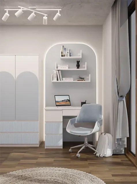 Lewostronne biurko z szufladami dla 6 latka, dla przedszkolaka biały + niebieski T2-K68