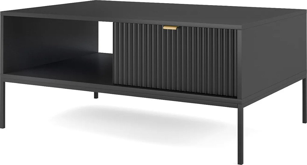 Stolik Kawowy Elegancki DomoHome NOVA – Z akcentem złotym, nowoczesna szuflada MDF, czarne metalowe nogi, minimalistyczny design Czarny 104x104x46cm