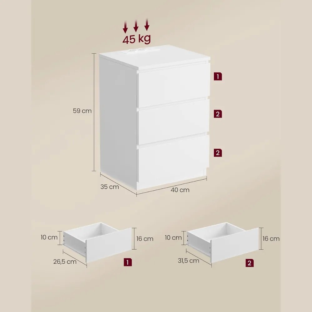 Vasagle Stolik nocny z funkcją ładowania ZION, 35x40x59 cm, biały