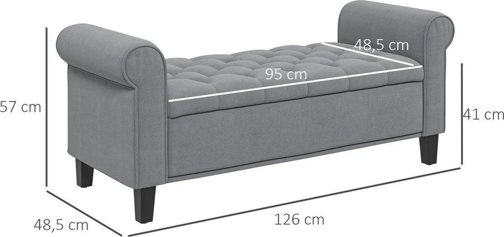 HOMCOM Ławka Tapicerowana z Przyciskami, Welurowa, 126 cm x 48,5 cm x 57 cm, Szary