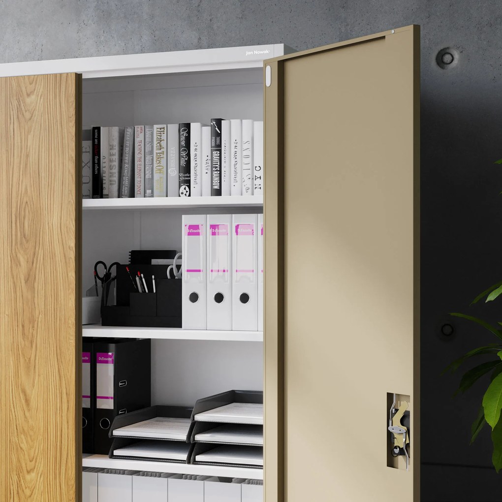 Szafa biurowa metalowa Biały/ Złoty dąb: Eco Design JAN II, 1150 x 1850 x 400 mm