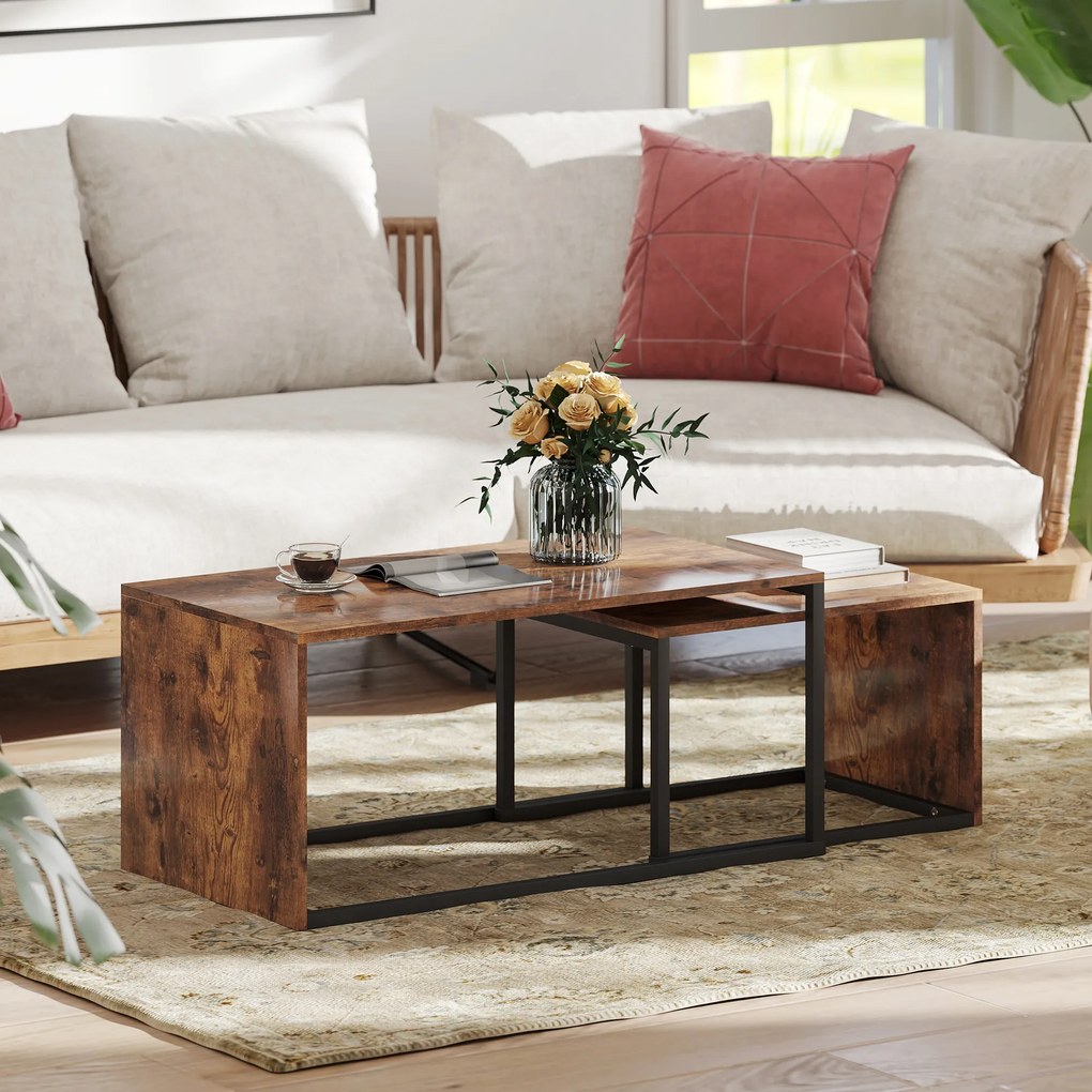 HOMCOM Zestaw 2 stolików, stolik kawowy, stolik pomocniczy, MDF, Metal, 90 x 48 x 42 cm/59 x 42 x 36 cm, Czarny+Brązowy