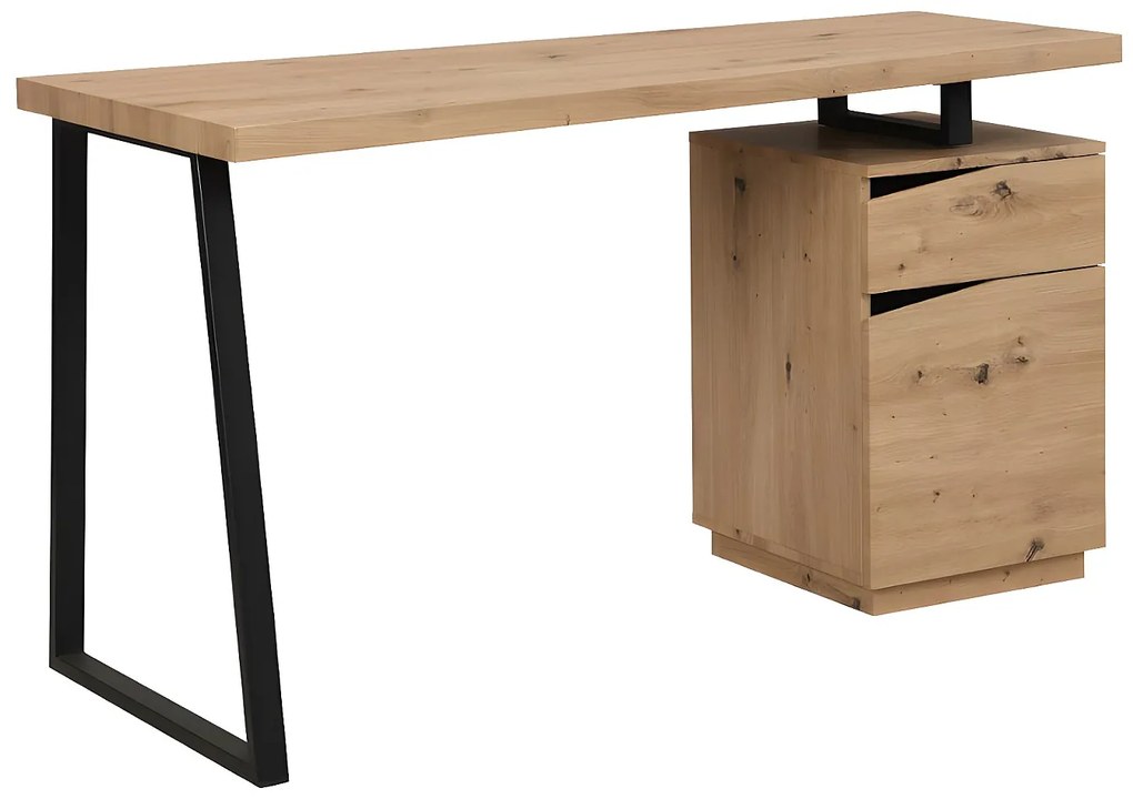 Biurko GOTAMA – 1 szuflada i 1 szafka – MDF i stal – kolor dębowy i czarny