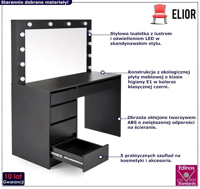 Czarna toaletka z podświetlanym lustrem i szufladami - Dorino
