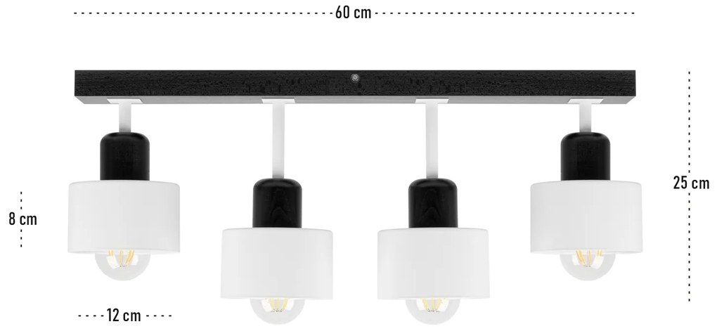 Biało-czarna lampa sufitowa, czteropunktowy spot DWE60x7SC z drewna i