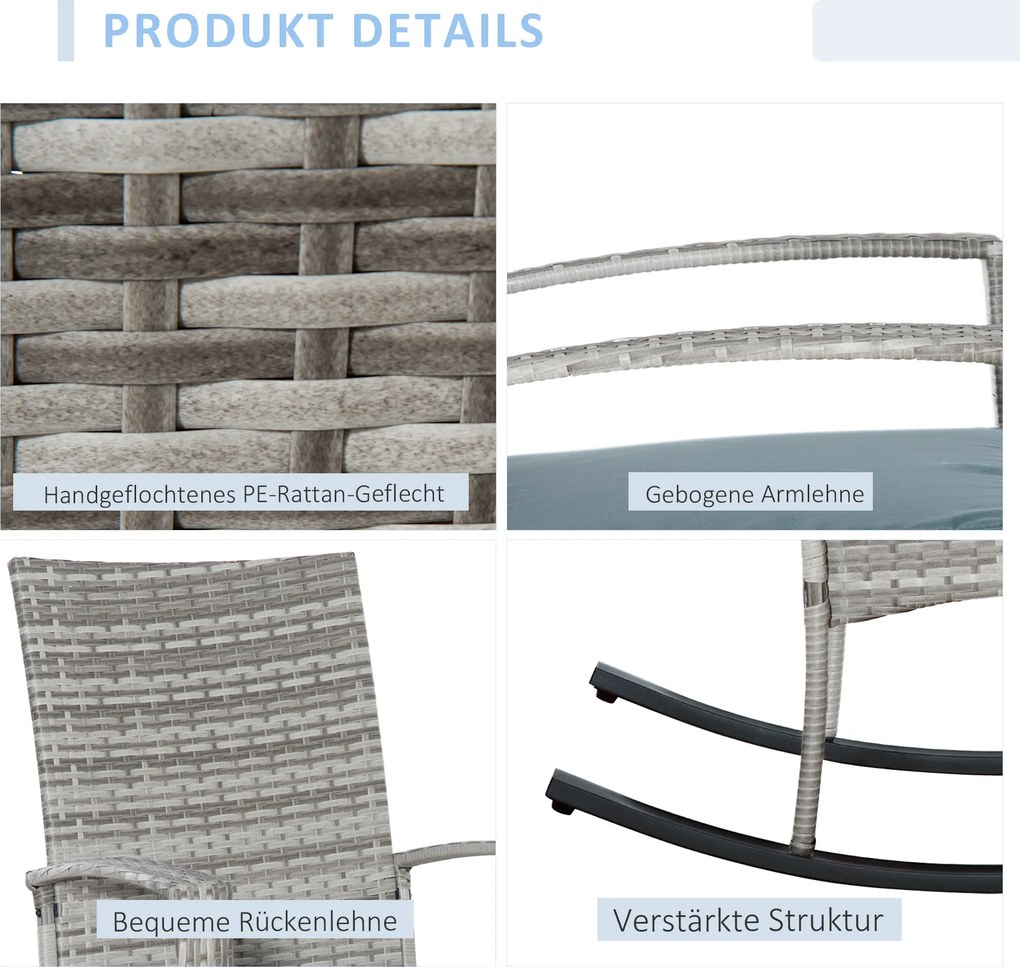 Outsunny fotel bujany krzesło ogrodowe, polirattan z szarymi poduszkami