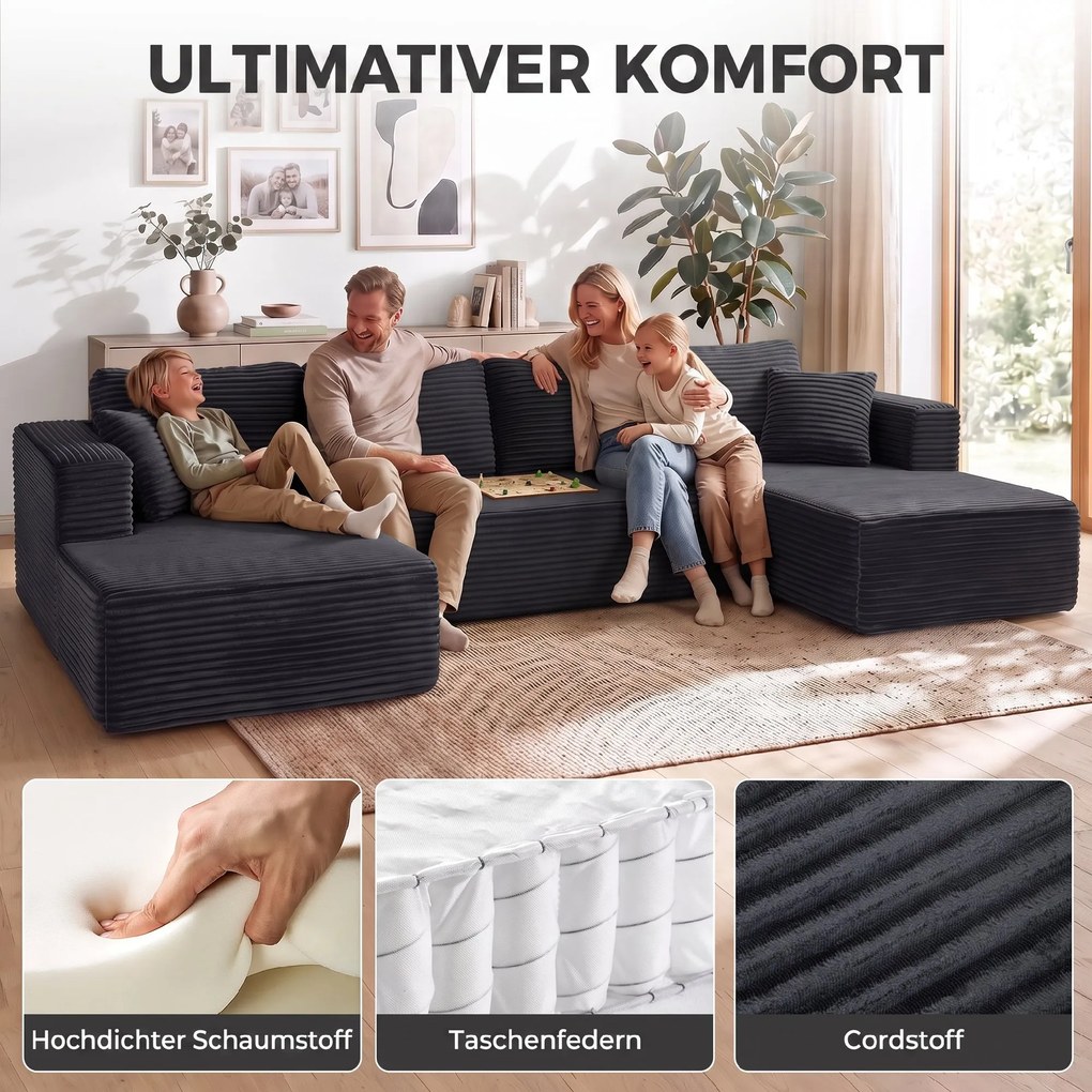 HOMCOM Modułowa sofa w kształcie U z 2 szezlongami, sztruksowa sofa rozkładana z pianką o wysokiej gęstości i sprężynowym wypełnieniem, Ciemnoszara | Aosom PL