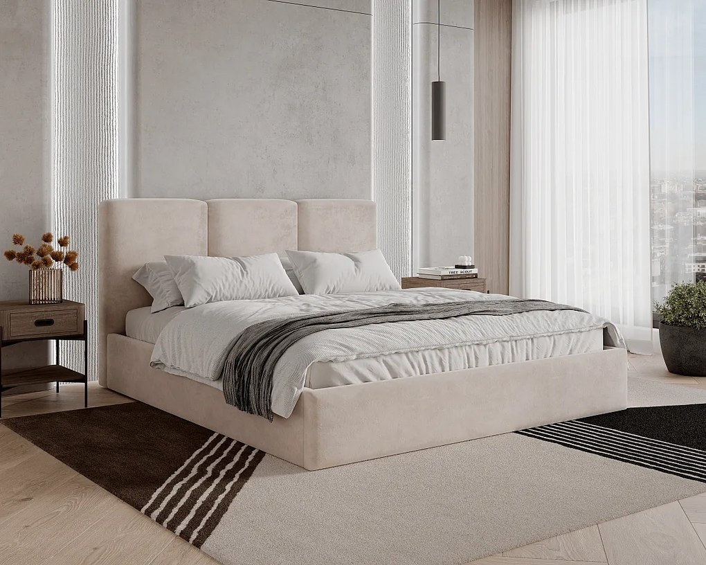 BESILIO Łóżko tapicerowane z pojemnikiem 200x200 Mira - Łóżko slim, łóżko minimalistyczne, stelaż metalowy- Beżowy