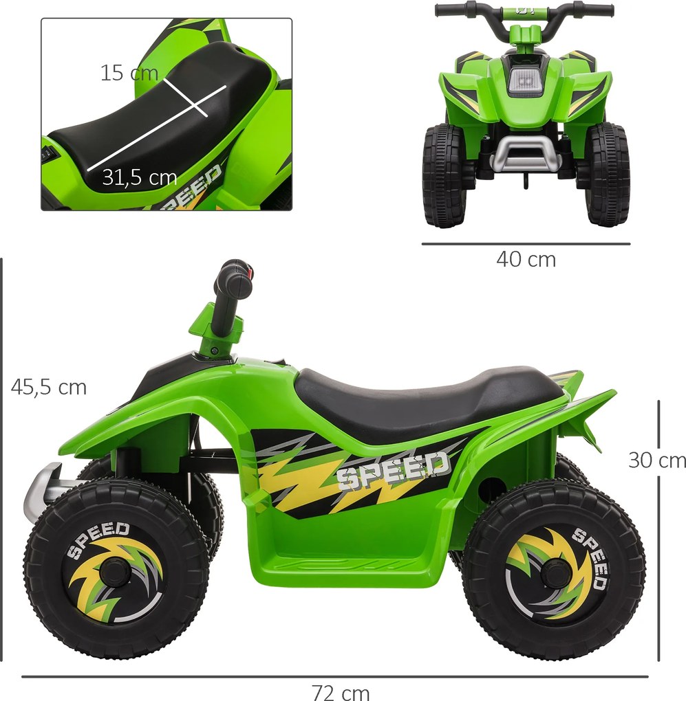 HOMCOM Quad elektryczny 6V dla dzieci z funkcją przód/tył dla dzieci 1,5-3 lat do 20 kg zielony | Aosom PL