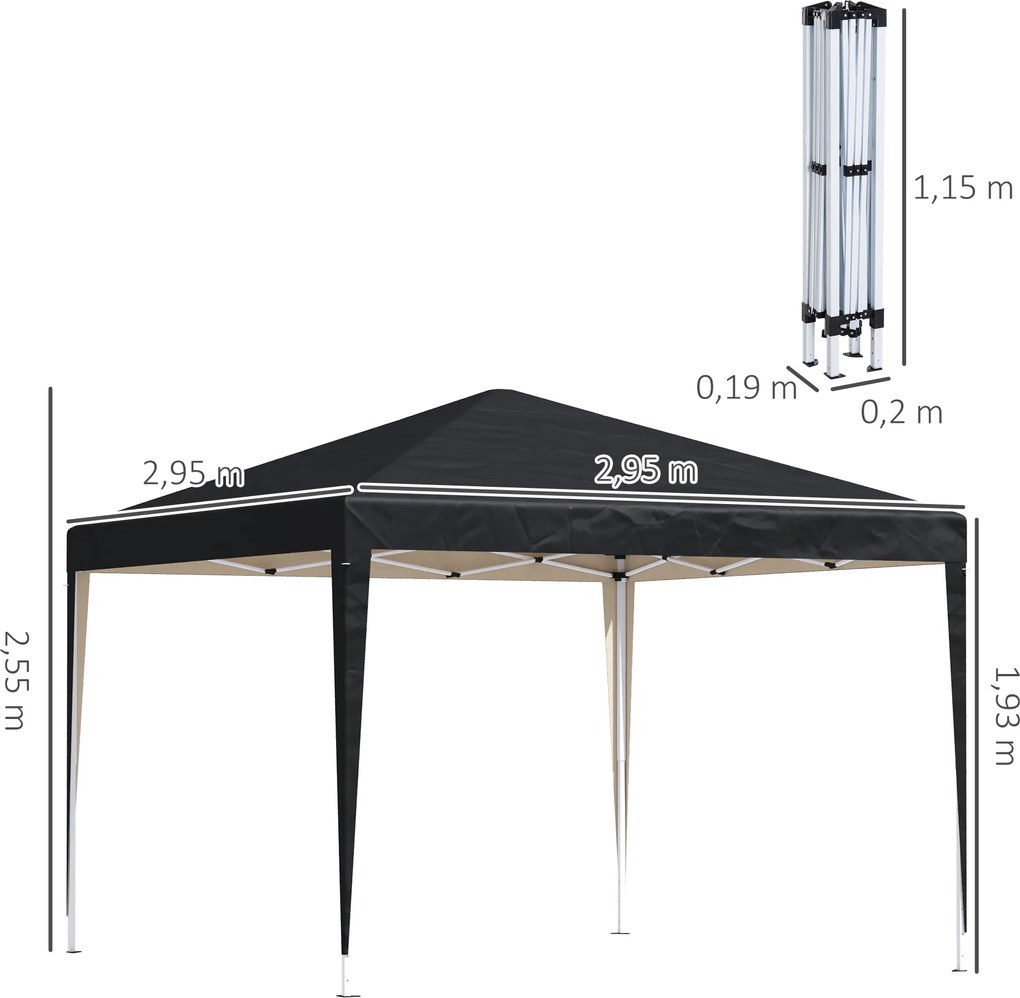 Outsunny Pawilon 2,95 x 2,95 m Składany Pawilon Ogrodowy, Partytent, Ochrona przed UV, Stal+Tkanina Oxford, Czarny