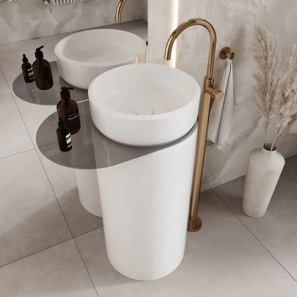 Umywalka z konglomeratu wolnostojąca okrągła z półką szklaną 85 x 40 cm RONA bez przelewu | Różne kolory półki : Kolor szkła - Grafitowy, Kolor umywalki RONA - Biały połysk, Półka - Szklana