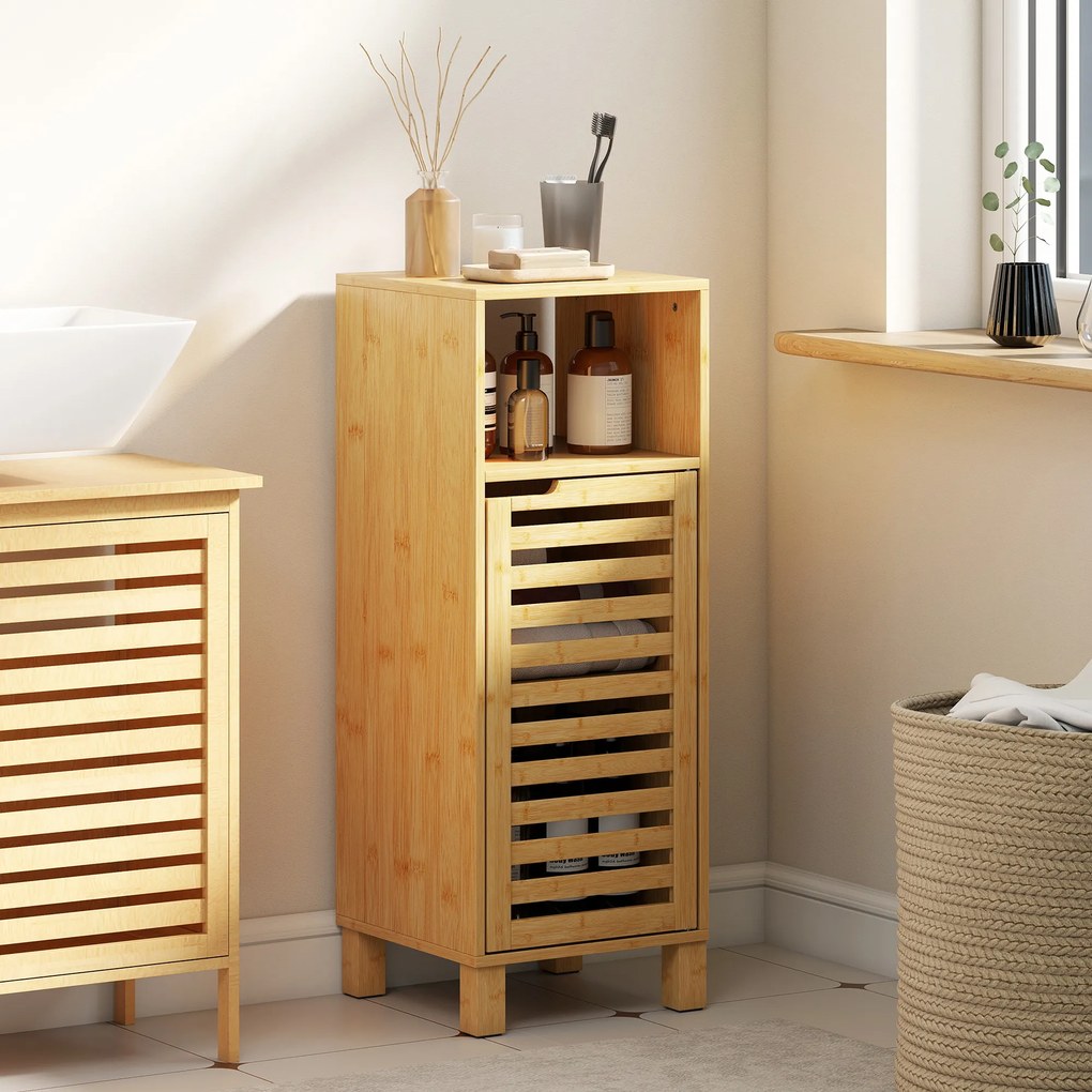HOMCOM Szafka łazienkowa, otwarta półka, szafka, drewno bambusowe, drzwi żaluzjowe, jasnobrązowy | Aosom PL