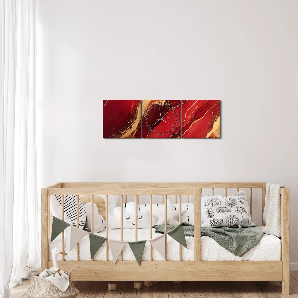 Obraz - Czerwono-złoty marmur (z zegarem) (90x30 cm)