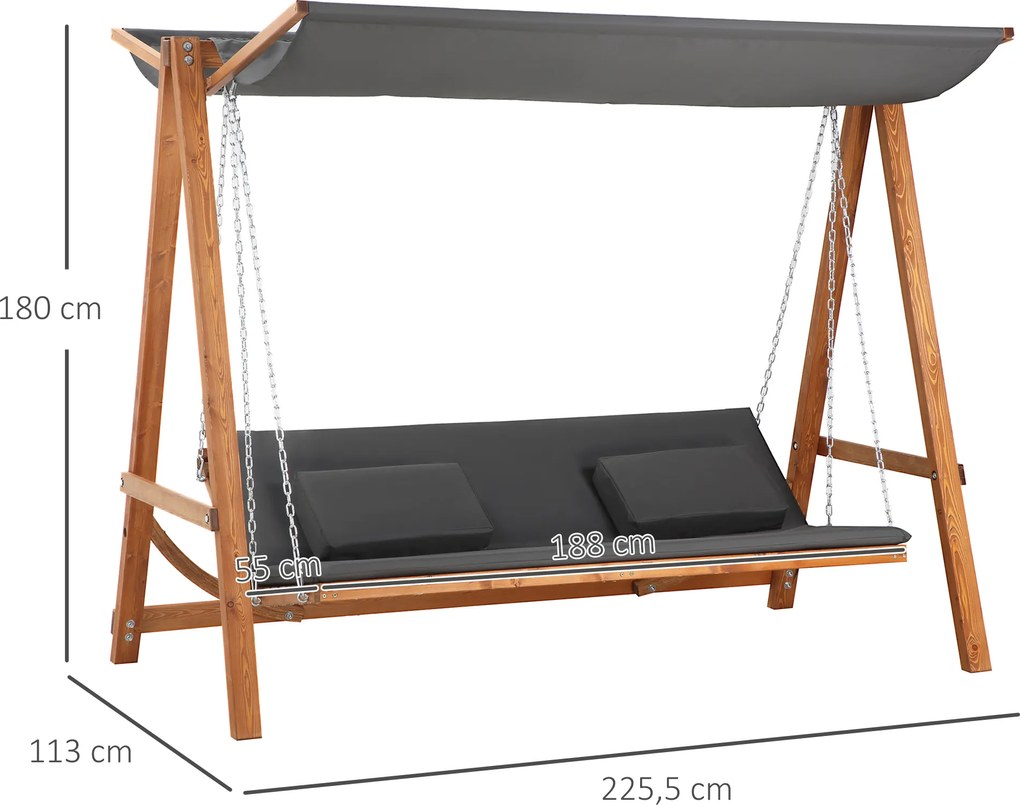 Outsunny Huśtawka Ogrodowa z Funkcją Łóżka 3-osobowa, Huśtawka z Drewna Modrzewiowego z Regulowanym Dachem Przeciwsłonecznym, Ławka Huśtawka Obciążenie 250kg, 225,5 x 113 x 180 cm Szary+Teak | Aosom PL