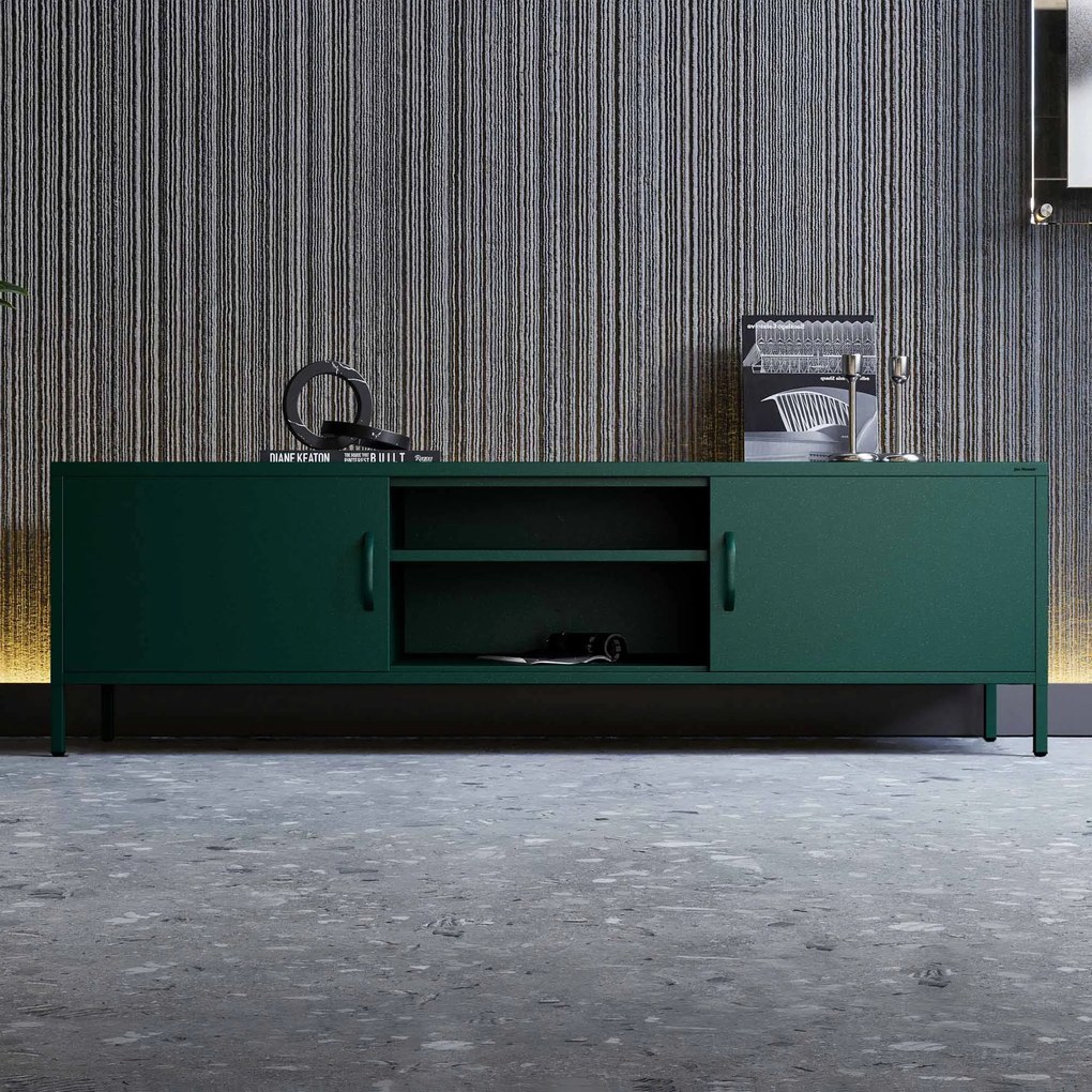 Szafka RTV metalowa szeroka XL na nóżkach butelkowa zieleń, 1700x400x500 mm: ROSARIA