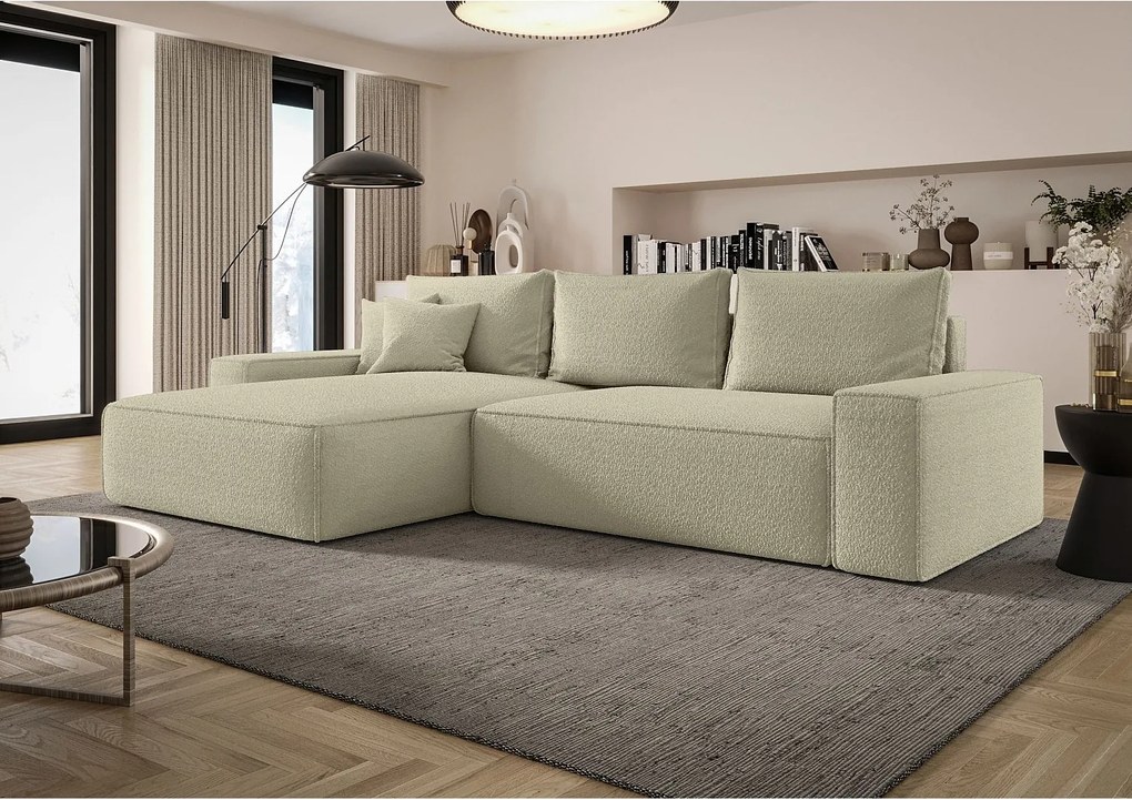 NAROŻNIK MONA z funkcją spania QUELLE 06 Beżowy Lewy Sofa w kształcie L z pojemnikiem na pościel, sofa rozkładana, sofa do salonu