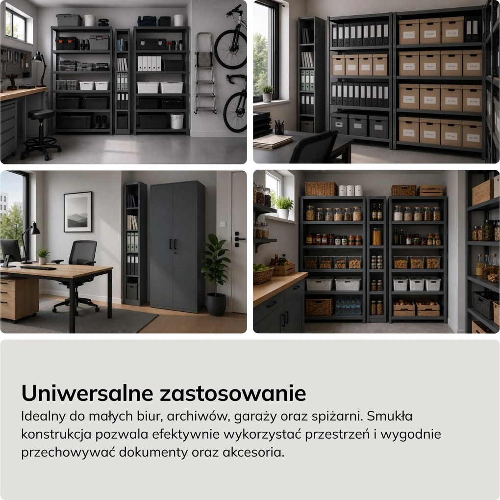 Regał metalowy wąski, archiwizacyjny na dokumenty antracytowy, 250x1850x400 mm: TIM