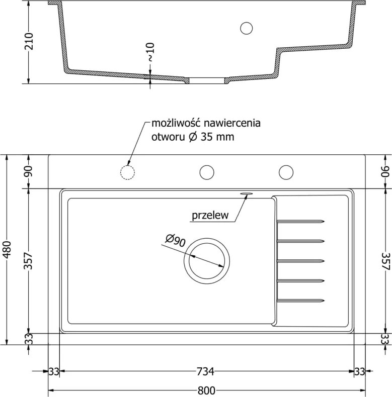 Mexen Omar zlewozmywak granitowy 1-komorowy 800 x 480 mm, biały, syfon chrom - 6520801005-20