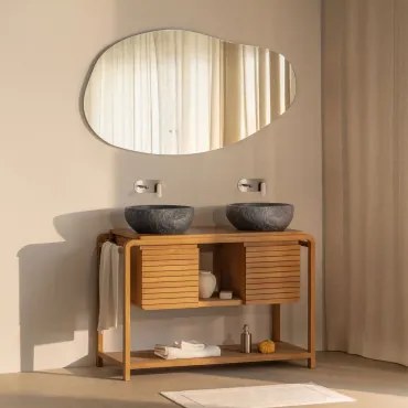 Zestaw Mebli Łazienkowych Z Drewna Tekowego Bradley Nieregularna Dioda Led I Funkcja Przeciwmgielna 140 X 75 Cm Riben & ↔︎ 120 Cm & 2 X - Sklum