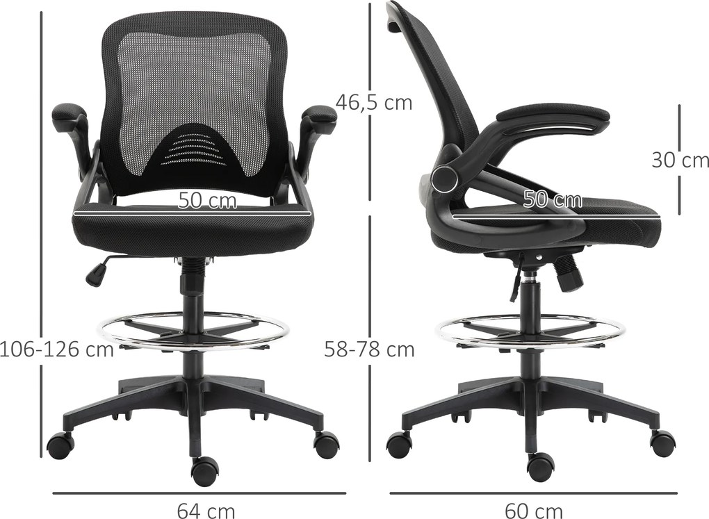 Vinsetto fotel biurowy do pracy na stojąco wysokie krzesło obrotowe z podnóżkiem regulacja wysokości ergonomiczny siatka do 120 kg czarny | Aosom PL