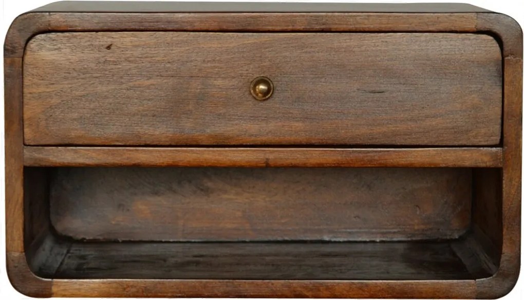 Artisan Furniture Orzechowa wisząca szafka nocna z zakrzywionym wzorem i otwartym slotem, sypialnia