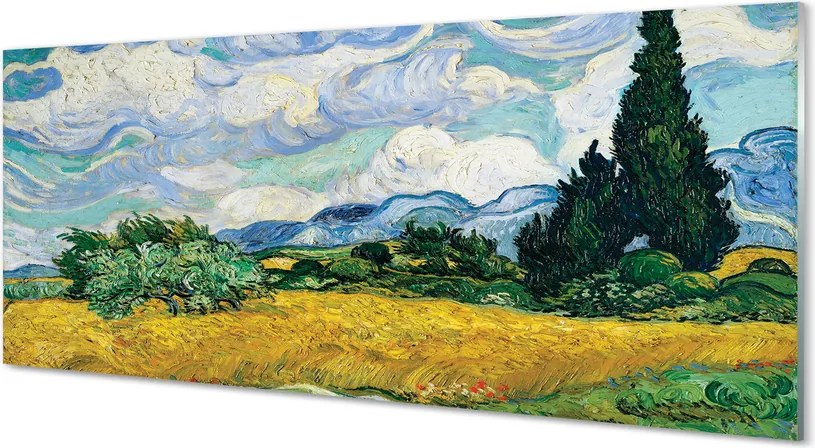 Szklany Panel Pole Pszenicy z Cyprysami - Van Gogh