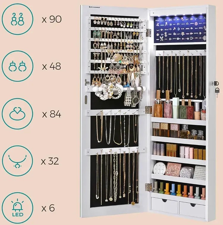 Biała szafka wisząca na biżuterię z lustrem na klucz W1-F86