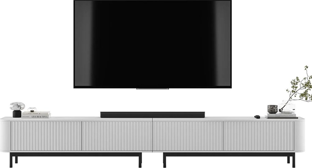 Szafka RTV 4-drzwiowa, fronty ryflowane, biały mat, czarne metalowe nogi, 280 cm - AURORA