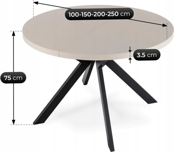 Stół Okrągły Rozkładany LUKAS 100-250 cm Kaszmir/Czarny Nowoczesny