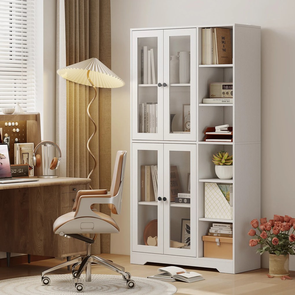 HOMCOM Szafka kuchenna z drzwiami szklanymi, półki, otwarte przegrody, 172 cm, MDF, Biały