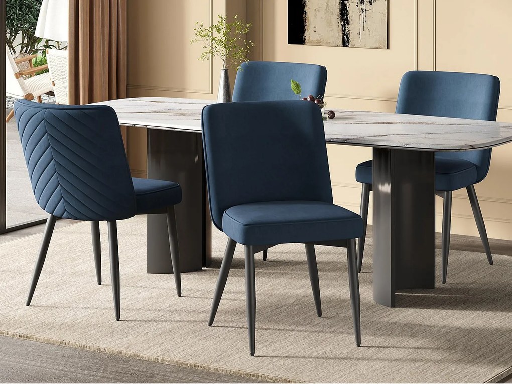 Zestaw 4 krzeseł - Z wygodnymi oparciami - Styl nowoczesny - Tkanina welurowa - Ciemnoniebieski