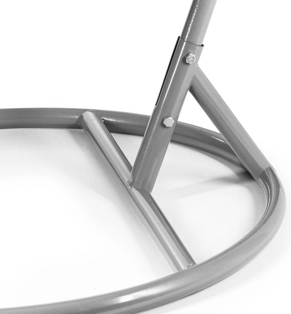 Szare wiszące krzesło KOKON ze stojakiem, jasnozielona poduszka ze wzorem