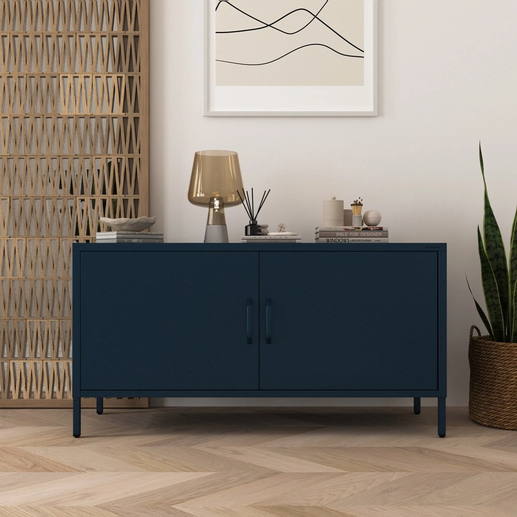 Szafka RTV metalowa na nóżkach granatowa, 1150x595x400 mm: ROSA Modern