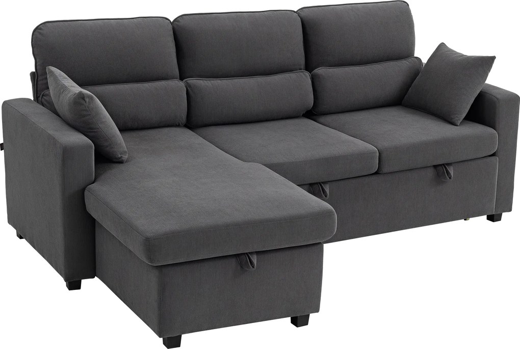 HOMCOM Regulowana sofa rozkładana w kształcie L, narożna sofa dla gości z funkcją łóżka, schowkiem, poduszkami, do salonu, pokoju gościnnego, szara