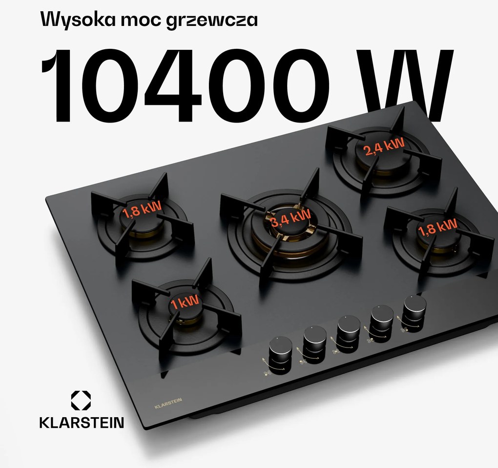 Klarstein Goldflame Nano płyta gazowa, 5 mosiężnych palników, 10,4 kW, LPG/gaz ziemny
