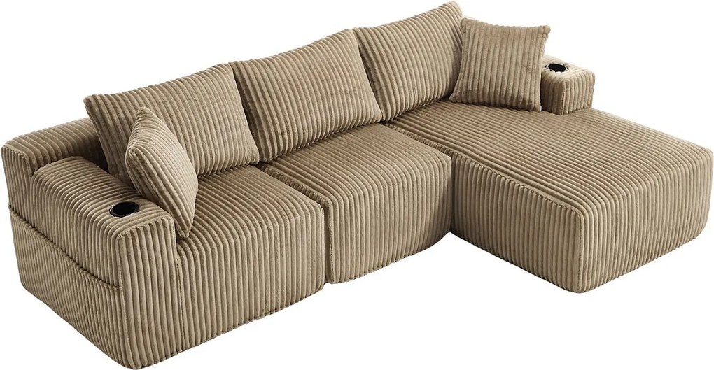 Sofa 3-osobowa, tapicerowana z kieszeniami bocznymi i uchwytami na kubki – khaki sztruks