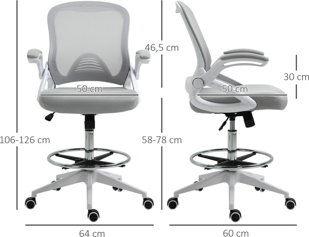Fotel biurowy Vinsetto, krzesło biurowe, funkcja stania, z podnóżkiem, obrotowe siedzisko, stal, czarny, 64 x 60 x 106-126 cm