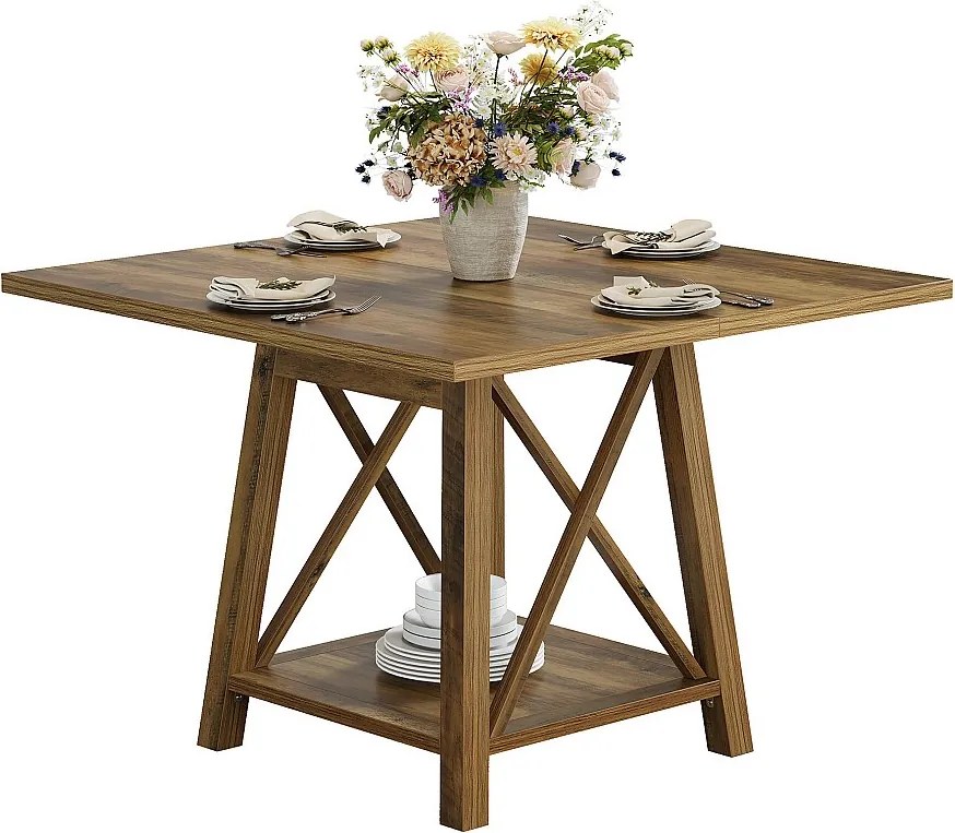 Kwadratowy stół jadalny dla 4 osób, stół kuchenny w stylu rustykalnym z półkami do przechowywania