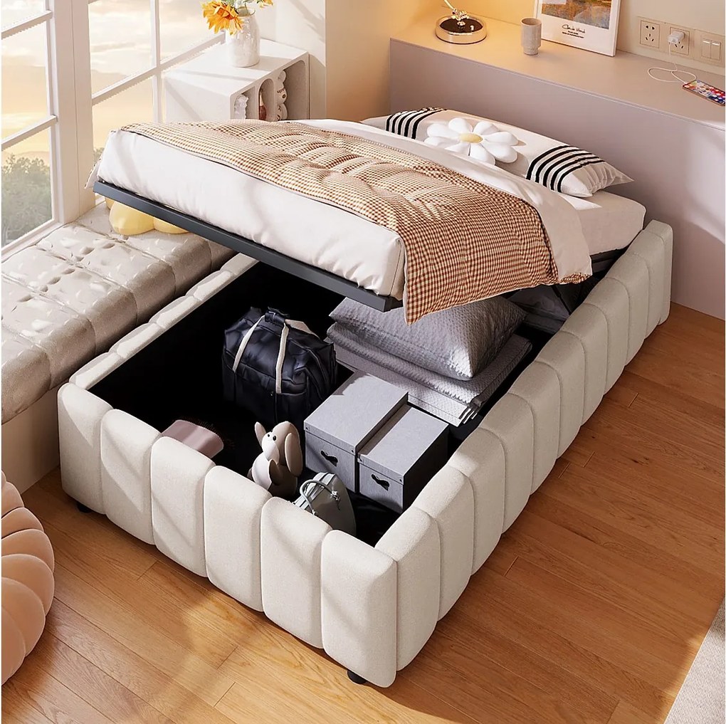 Łóżko ze schowkiem 90 x 200 cm bez wezgłowia - Tkanina lniana - Stelaż z listew w zestawie - Beżowe (bez materaca)