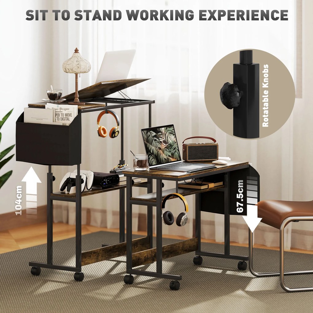 HOMCOM Stojące biurko z regulowaną wysokością i nachyleniem blatu, kółkami, półką, do pisania, czytania, rysowania, Rustykalny Brąz