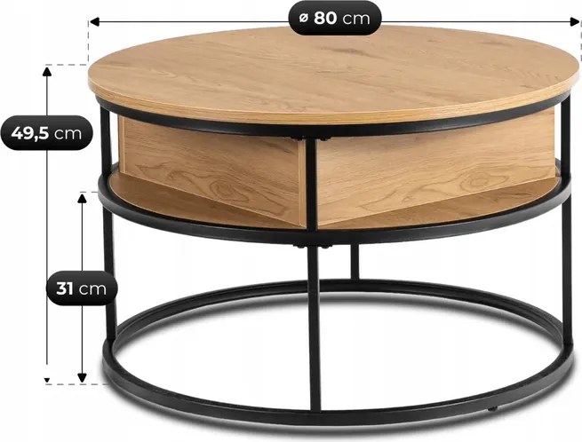 Stolik Kawowy ASTUR 80 cm z Podnoszonym Blatem Dąb/Czarny Loft