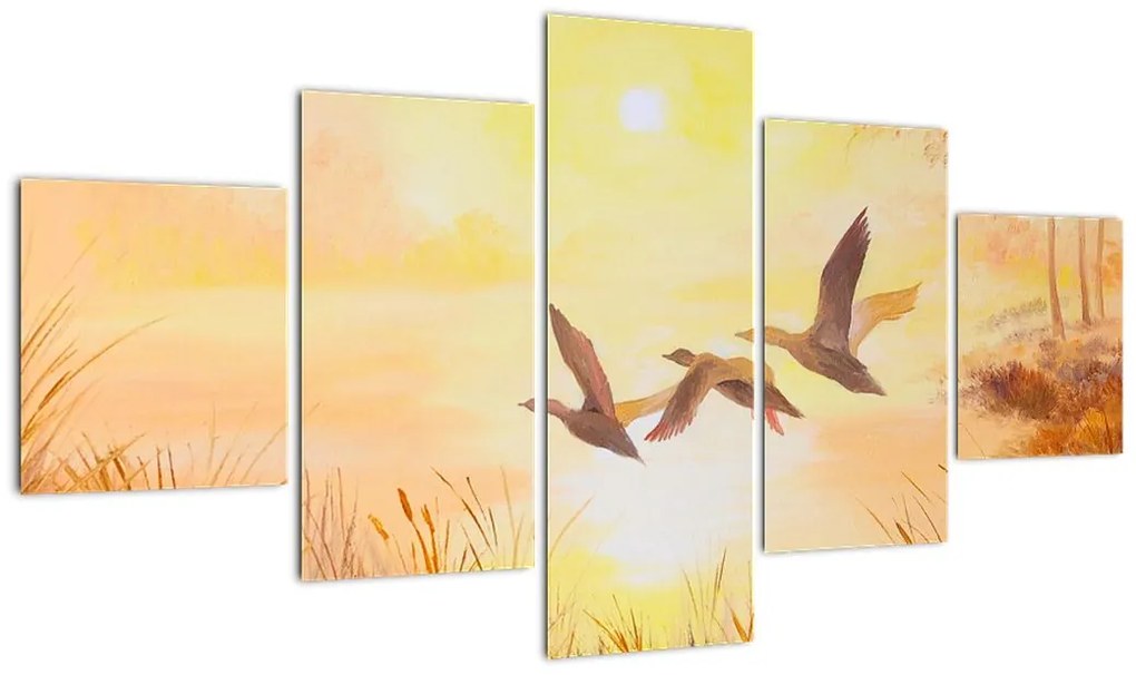 Obraz - Żurawie o zachodzie słońca (125x70 cm)