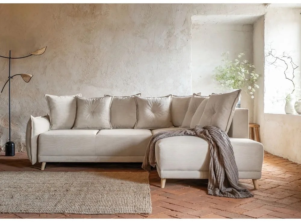 Beżowy sztruksowy rozkładany narożnik (prawostronny) Lazy Lukka – Miuform