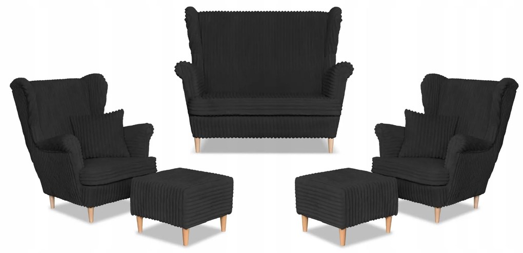 Zestaw uszak Rene Estella sofa fotele pufy Family Meble czarny sztruks